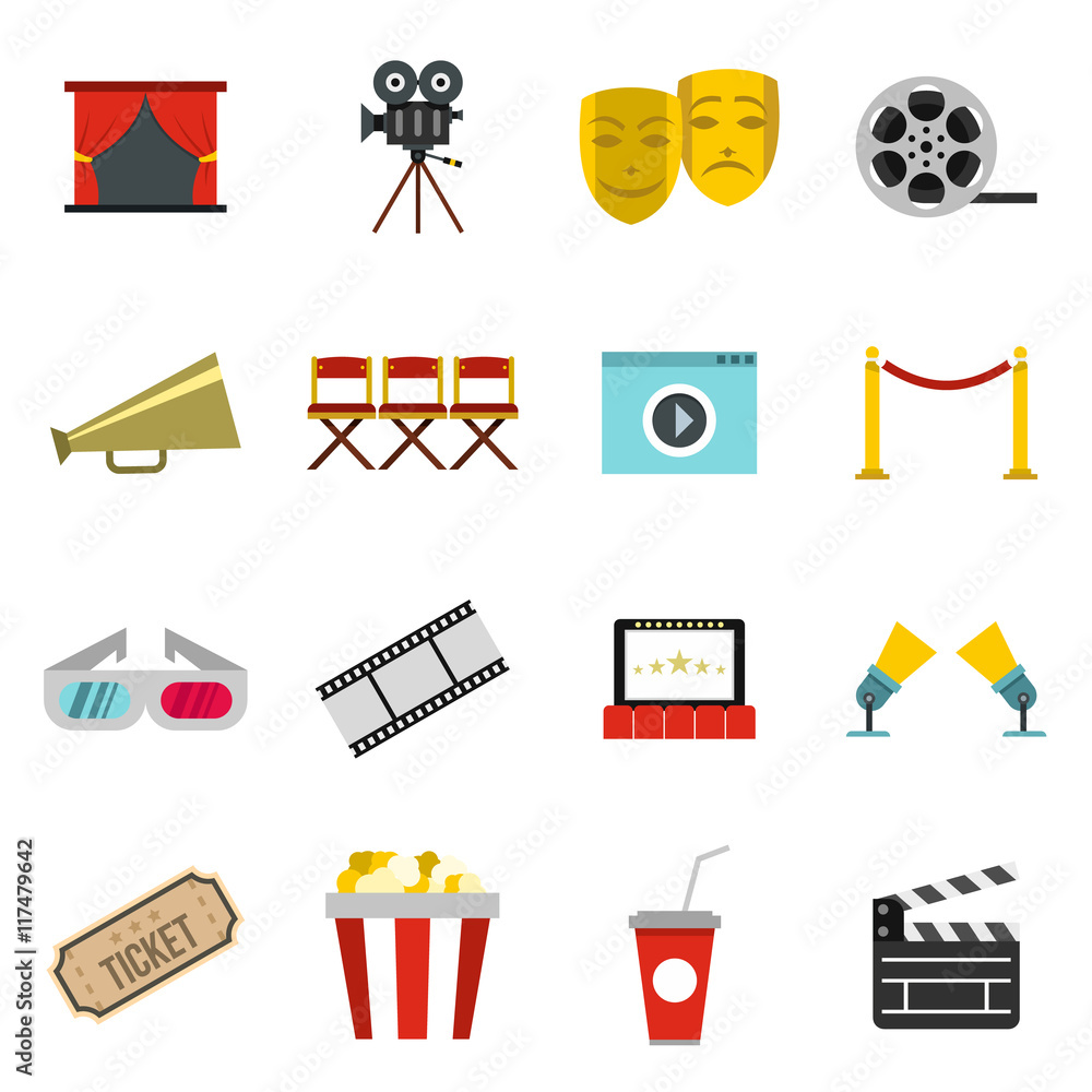 Poster flat cinema icons set. universal cinema icons to use for web and mobile ui, set of basic cinema elem