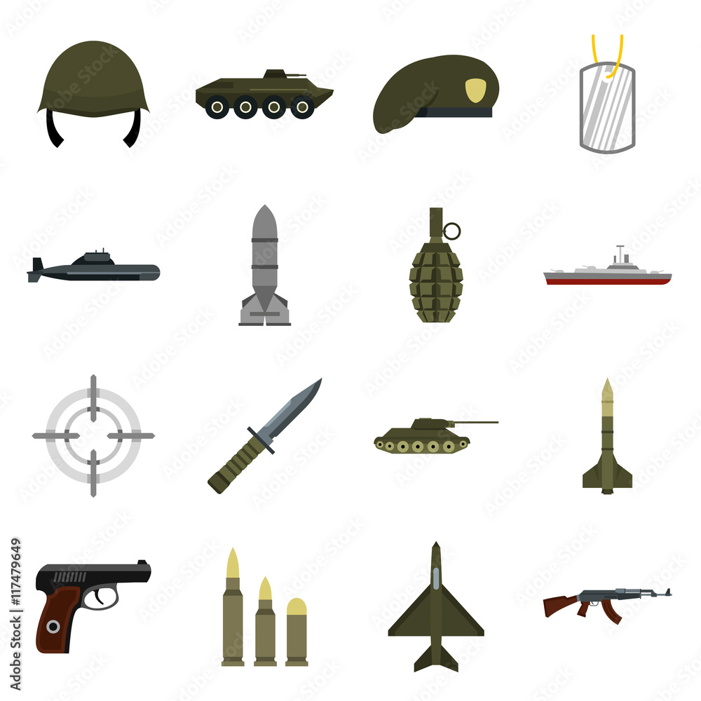 Aufkleber flat military icons set. universal military icons to use for web and mobile ui, set of basic militar