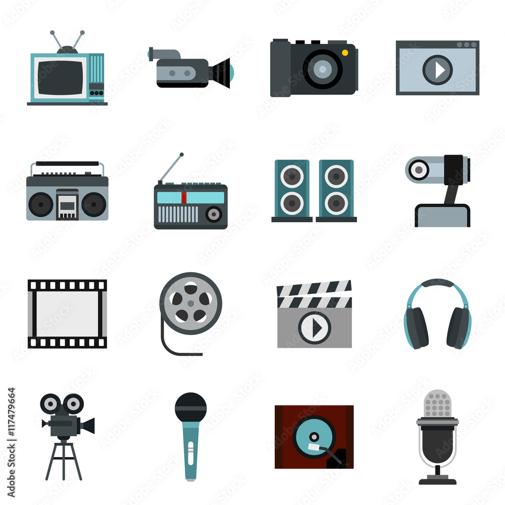 Poster flat video icons set. universal video icons to use for web and mobile ui, set of basic video element
