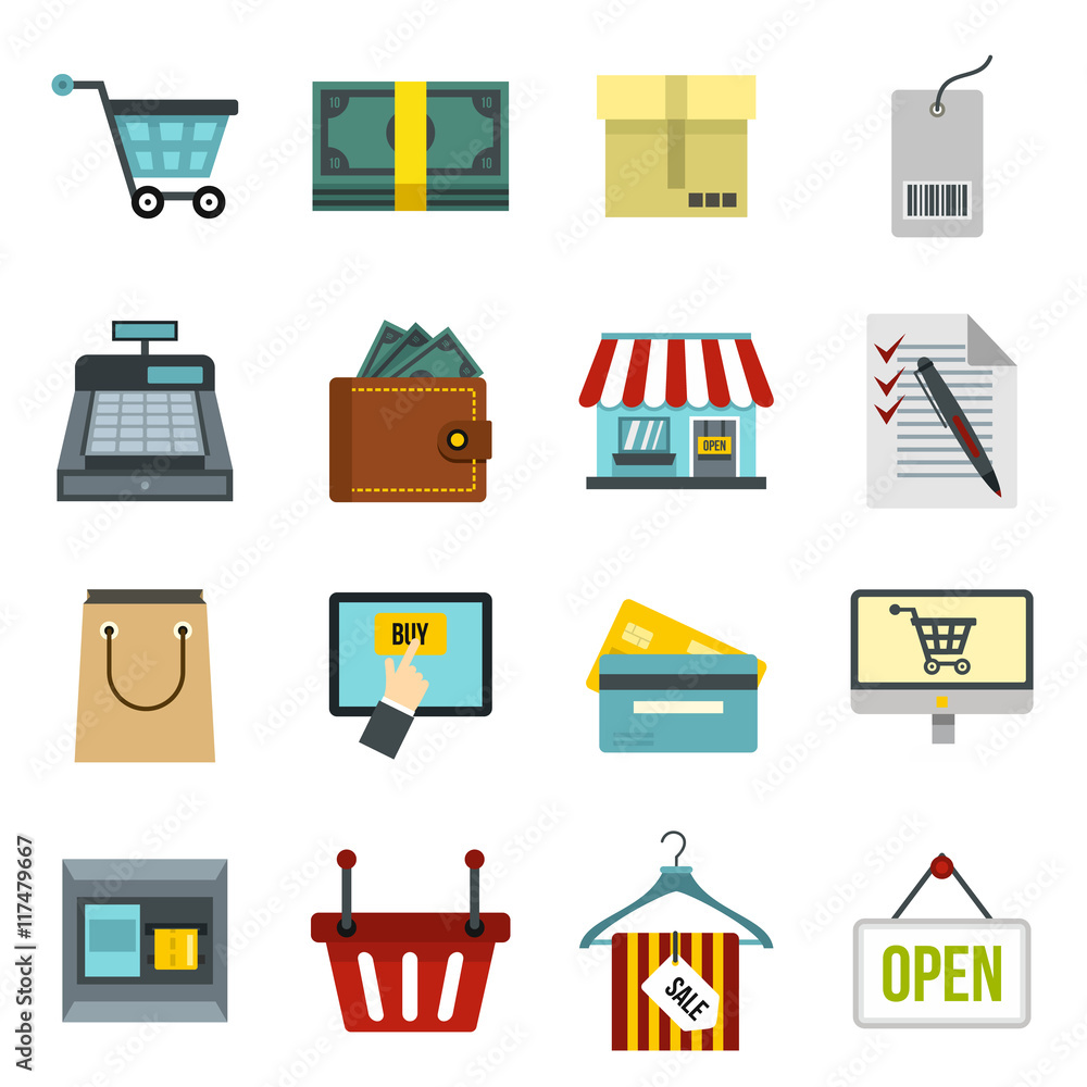 Poster flat shopping icons set. universal shopping icons to use for web and mobile ui, set of basic shoppin