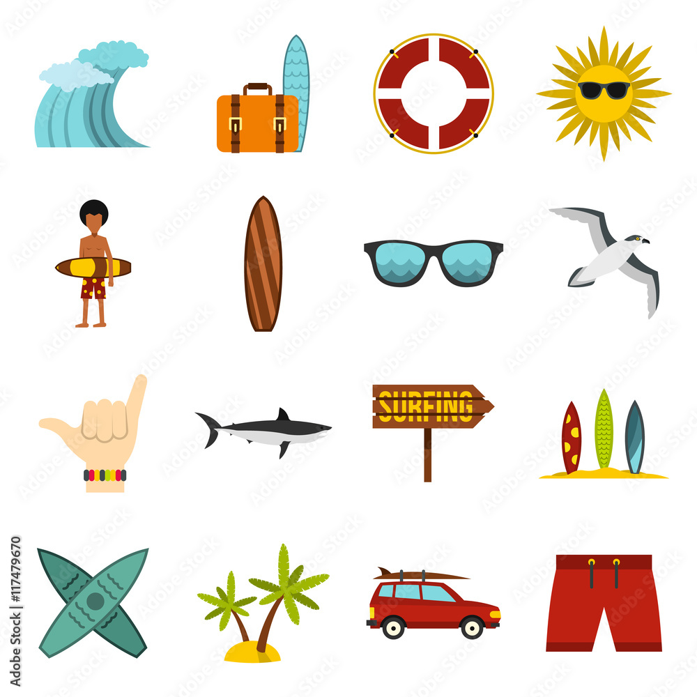 Aufkleber flat surfing icons set. universal surfing icons to use for web and mobile ui, set of basic surfing e