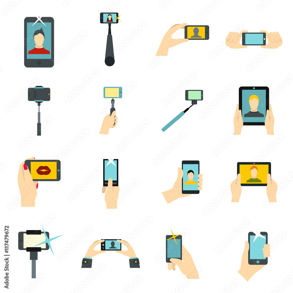 Poster flat selfie icons set. universal selfie icons to use for web and mobile ui, set of basic selfie elem