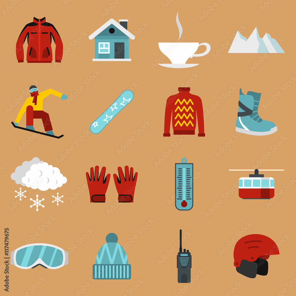 Poster flat snowboarding icons set. universal snowboarding icons to use for web and mobile ui, set of basic