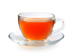 Glass cup of tea isolated on a white background with clipping path. Front view.