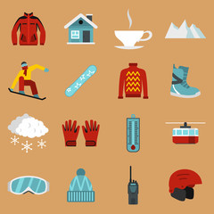 Flat snowboarding icons set. Universal snowboarding icons to use for web and mobile UI, set of basic snowboarding elements isolated vector illustration