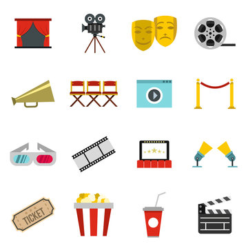Flat cinema icons set. Universal cinema icons to use for web and mobile UI, set of basic cinema elements isolated vector illustration