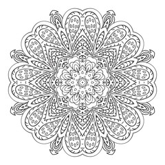 Mandala doodle drawing. floral round ornament. Ethnic motives. Zentangle Hearts, flower petals. Relaxing coloring