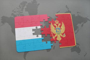 puzzle with the national flag of luxembourg and montenegro on a world map background.