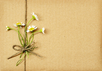 Brown cardboard package tied with daisy flowers bouquet