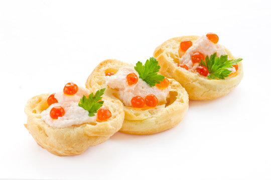 Appetizer with red caviar, gourmet food, party snack