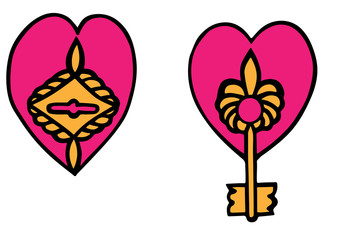Isolated key and lock in the pink heart