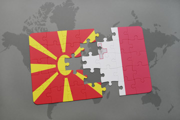 puzzle with the national flag of macedonia and malta on a world map background.