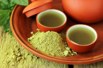 Green tea powder macro and brewed tea