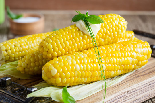 Homemade Boiled Corn On Cob With Butter And Salt On Rustic Woode
