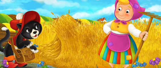 Obraz na płótnie Canvas Cartoon rural scene with royal cat visiting farmer girl - illustration for children