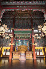 Inside the Injeongjeon (Throne Hall) at the Changdeokgung Palace in Seoul, South Korea.