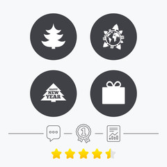 Happy new year sign. Christmas tree and gift box