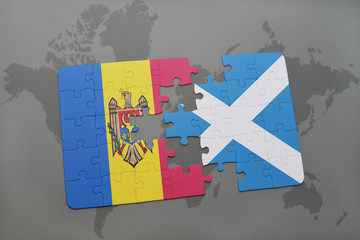 puzzle with the national flag of moldova and scotland on a world map background.