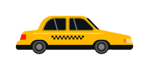 Vector modern flat design illustration on commercial transport yellow retro taxi car and contemporary modern eco friendly hybrid yellow taxi car. Taxi yellow car flat style vector illustration.
