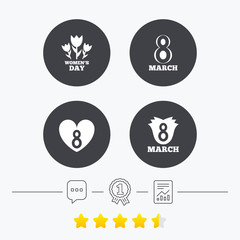 8 March Women's Day icons. Flower, heart symbols