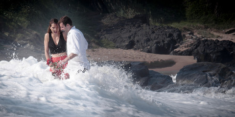 Fototapeta na wymiar Romance Engagement Couple Love Beach Ocean Lovers Relationship