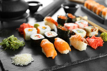 Sushi set on slate plate