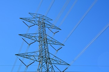 electric pole / Power pole voltage lines and the blue sky