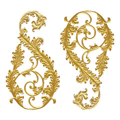 Ornament elements, vintage gold floral designs on white backgrou