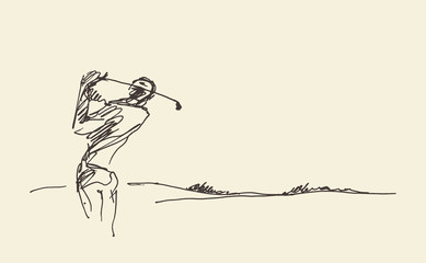 Sketch man hitting golf ball vector illustration. - obrazy, fototapety, plakaty