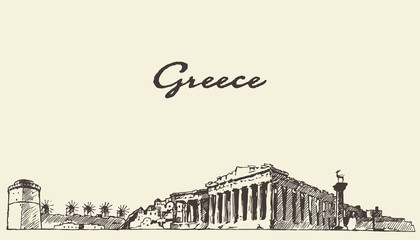Greece skyline vintage illustration drawn sketch.