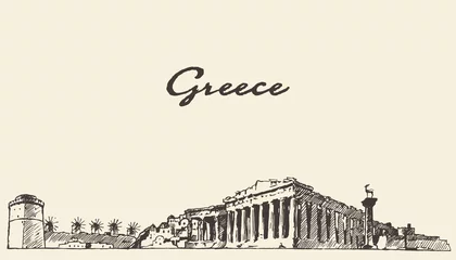 Fotobehang Greece skyline vintage illustration drawn sketch. © Alexandr Bakanov