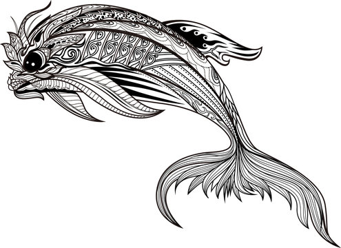 Happy dolphin with high details. Adult antistress coloring page. Black white hand drawn doodle oceanic animal for art therapy. Sketch for tattoo, poster, print, t-shirt in zentangle style