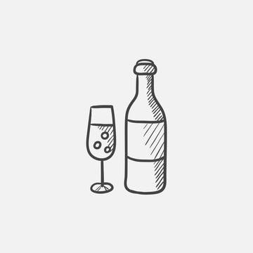 Bottle and glass of champagne sketch icon.