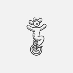 Clown riding on one wheel bicycle sketch icon.