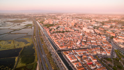 Aveiro at sunset pamoramic aerial view Portugal