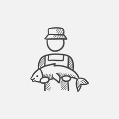 Fisherman with big fish sketch icon.
