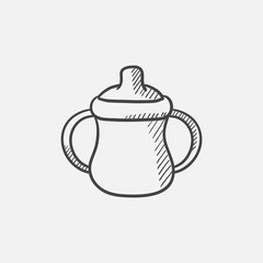 Baby bottle with handles sketch icon.