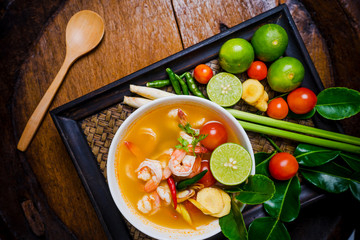 Tom yam kong or Tom yum soup. Thai food.