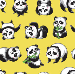 Vector seamless pattern with cartoon pandas