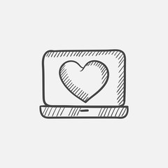 Laptop with heart symbol on screen sketch icon.