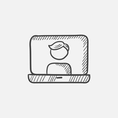 Laptop with man on screen sketch icon.