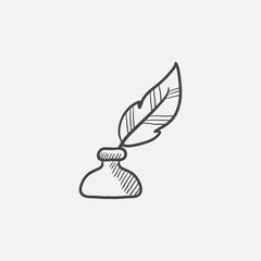 Feather in inkwell sketch icon.