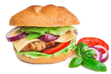 Big burger with vegetables, beef meatball and cheddar cheese.