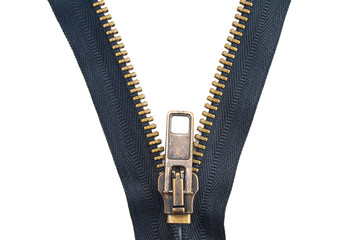 Open metal zip on white background - close up image.