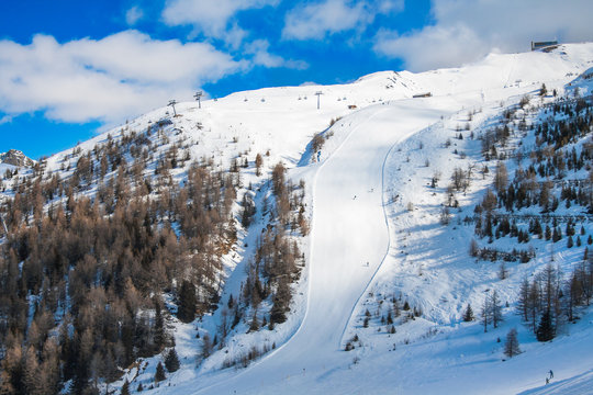 Advanced ski slope in mountain ski resort Kals-Matrei, Austria - winter sport and beautiful nature.