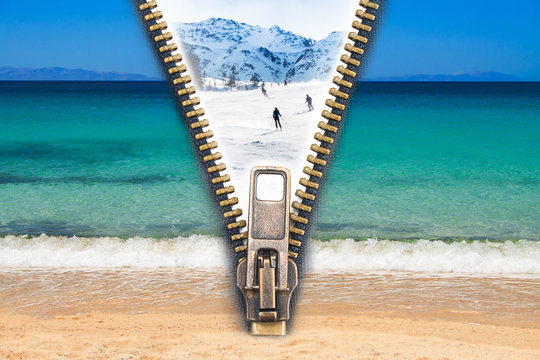 Time For Change! - Abstract Image Of The Change Concept With Summer Beach View And Winter Ski Resort Split By An Open Zip.