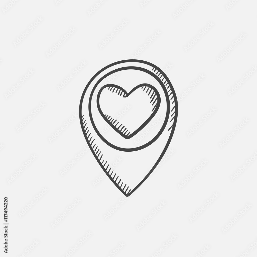 Poster map pointer with heart sketch icon.