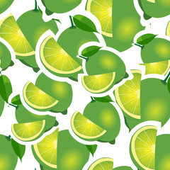 Pattern. lime and leaves different sizes on white background.