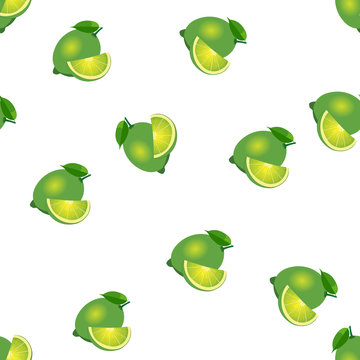 Pattern. lime and leaves with slices on white background.