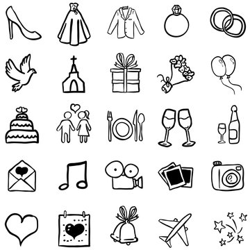 Vector Set of Black Doodle Weddings Icons